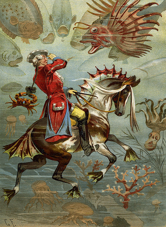 Le baron de Münchausen à cheval se bat contre des poissons géants sous l'eau.